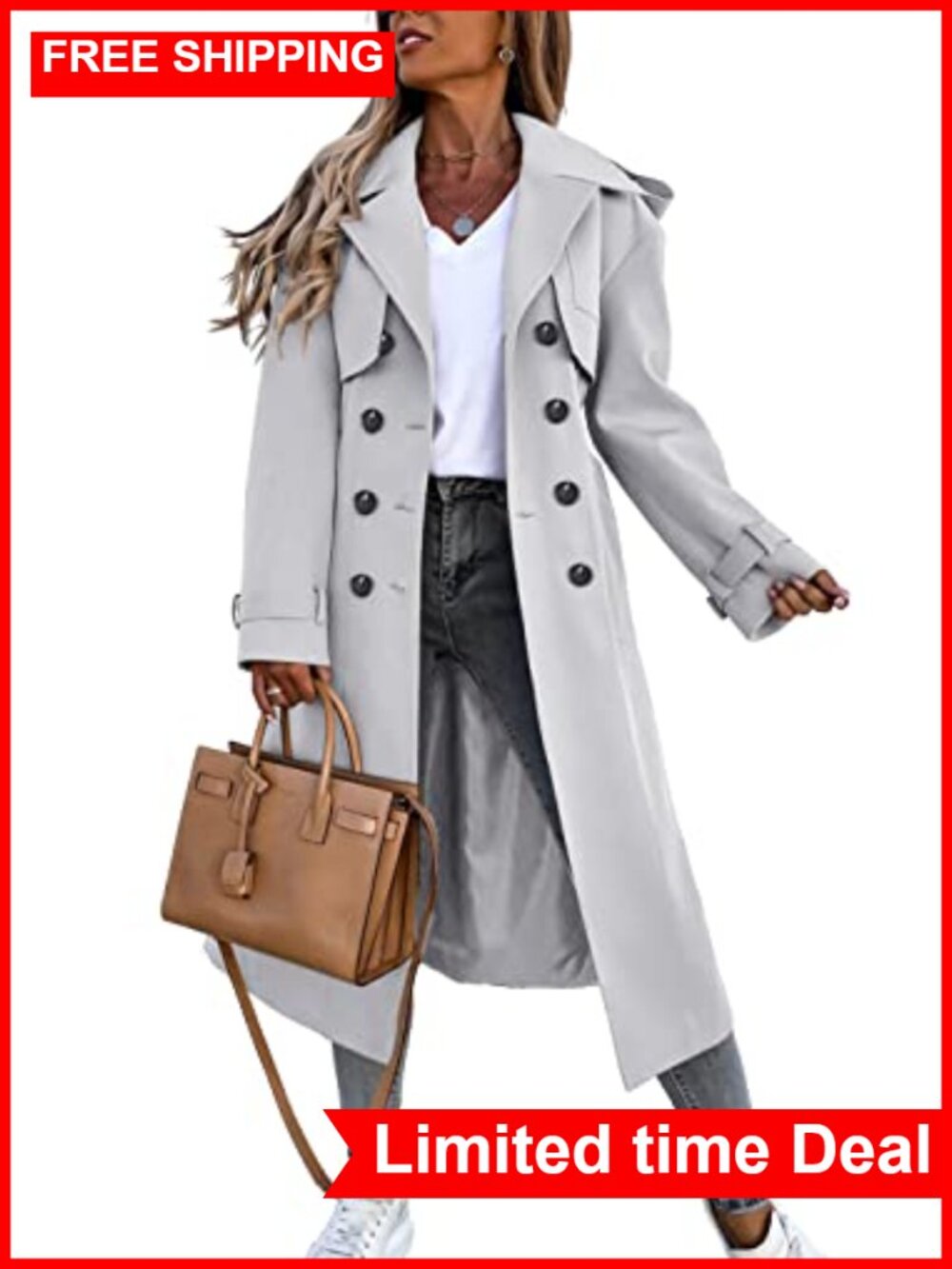 Women's Long Double Breasted Trench Coat Belted Overcoat